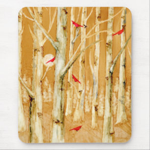 Birch Trees Red Cardinals Mouse Mat