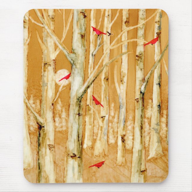 Birch Trees Red Cardinals Mouse Mat (Front)