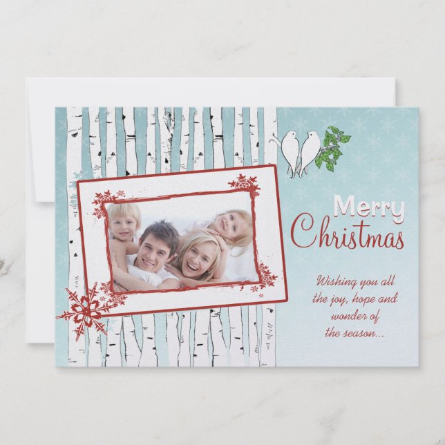 Birch Trees White Birds Red Merry Christmas Holiday Card (Front)