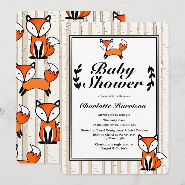 Birch Trees & Woodland Fox Baby Shower Invitation (Front/Back)