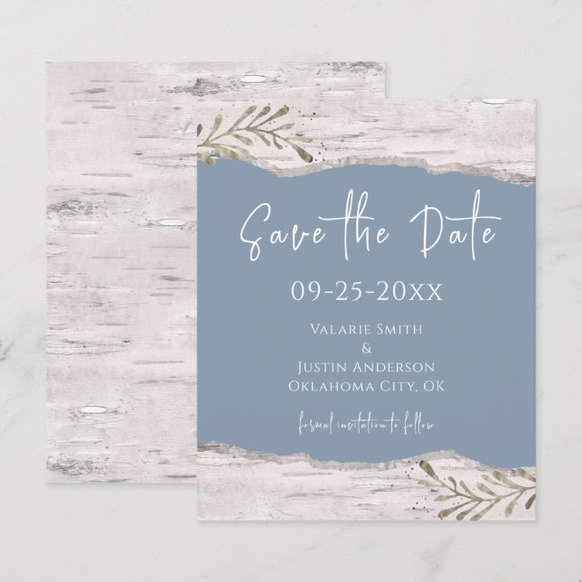 Birch Wood Dust Blue Wedding Save the Date (Front/Back)