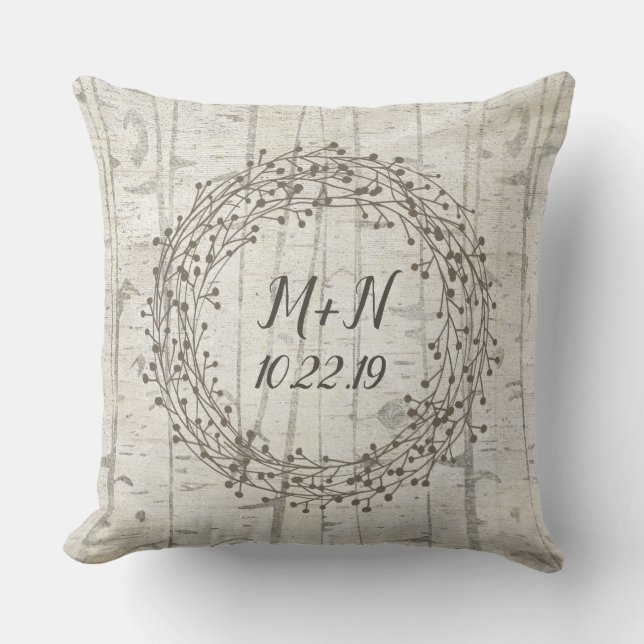 Birch wood wreath monogram wedding throw pillow (Front)