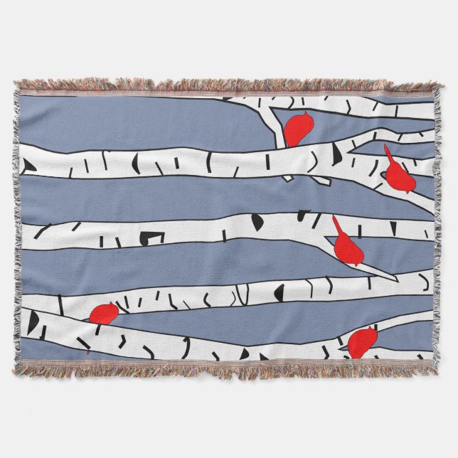 Birches and Birds Throw Blanket (Front)