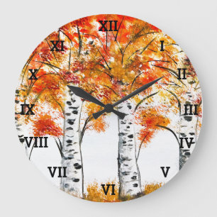 Birches Trees Autumn Fall Leaves Orange Forest Large Clock