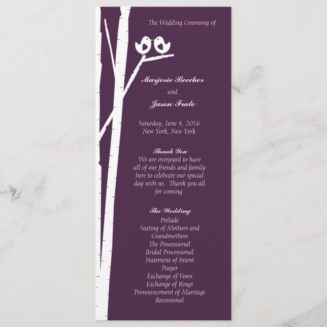 Birchtree Birds Wedding Program Purple Programme (Front)
