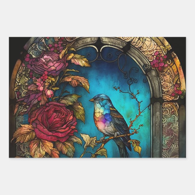 Bird Alcohol Ink Jewel Tones Wrapping Paper Sheet (Front)