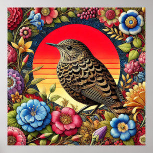 Bird Amid Colorful Flowers Poster