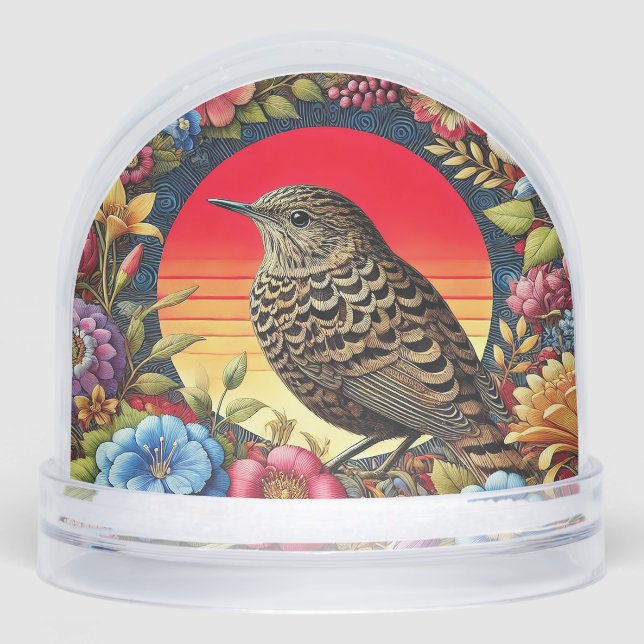 Bird Amid Colourful Flowers Snowglobe (Front)