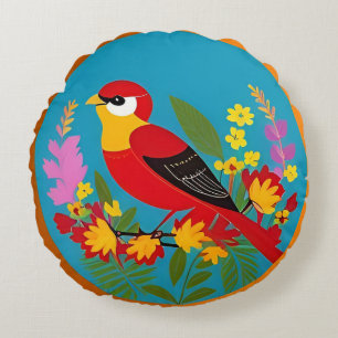 🌿 Bird Among Flowers Nature Decor 🐦 Round Cushion