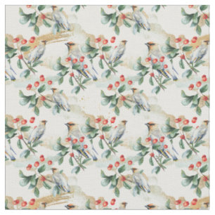 Bird and Berries Watercolor Nature Christmas Fabric