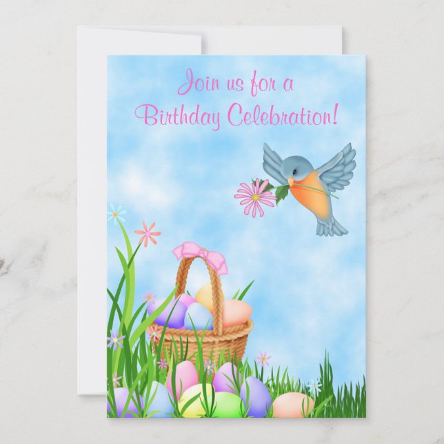 Bird and Easter Basket Birthday Invitation ~ Girls (Front)