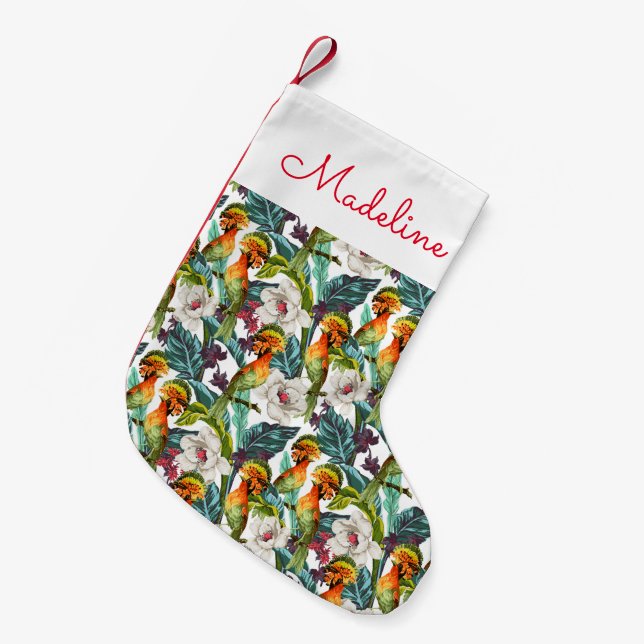 Bird And Exotic Flower Pattern | Add Your Name Small Christmas Stocking (Front (Hanging))