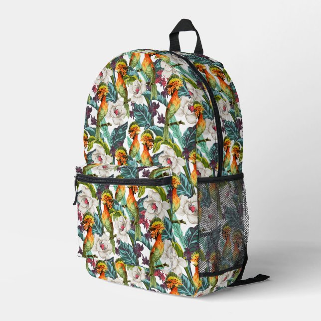 Bird And Exotic Flower Pattern | Monogram 2 Printed Backpack (Back Corner Right)