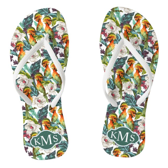 Bird And Exotic Flower Pattern | Monogram Flip Flops (Footbed)