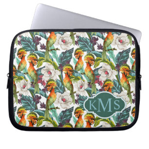 Bird And Exotic Flower Pattern   Monogram Laptop Sleeve
