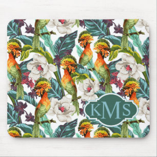 Bird And Exotic Flower Pattern Monogram Mouse Mat