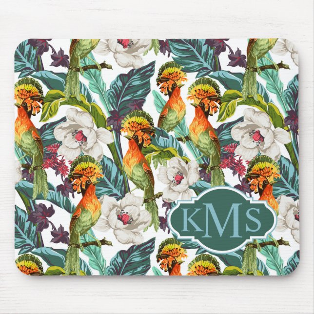 Bird And Exotic Flower Pattern | Monogram Mouse Mat (Front)
