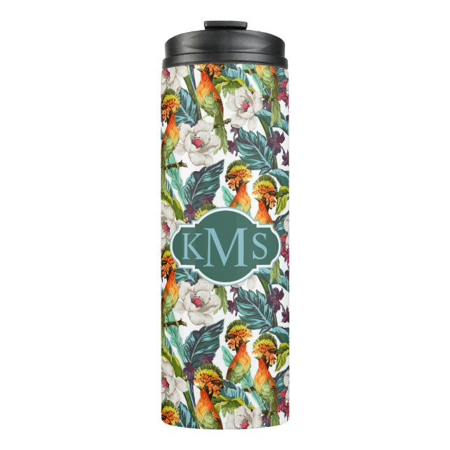 Bird And Exotic Flower Pattern | Monogram Thermal Tumbler (Front)
