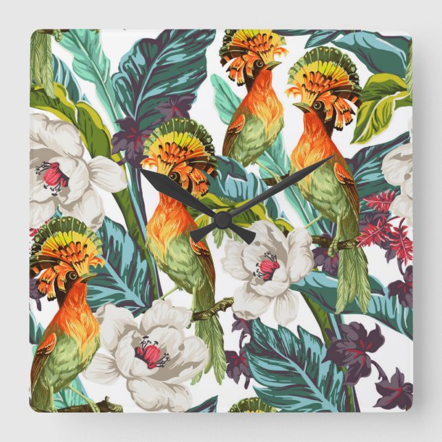 Bird And Exotic Flower Pattern Square Wall Clock (Front)
