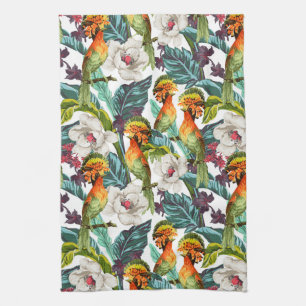 Bird And Exotic Flower Pattern Tea Towel