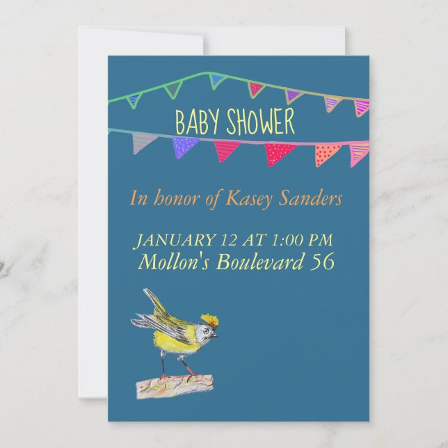 Bird and Flags  Blue Baby Shower Invitation (Front)