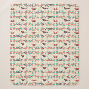 Bird and Floral Beige Folk Art Pattern Sherpa Blanket