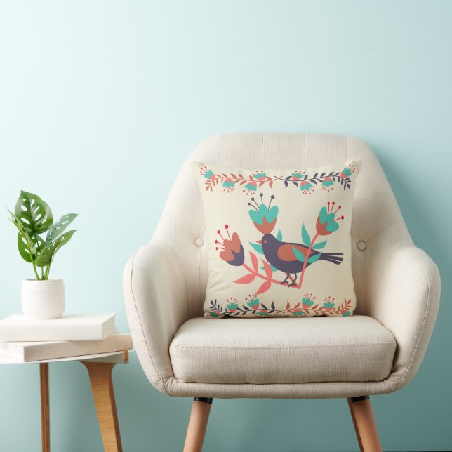 Bird and Floral Folk Art Cushion (Chair)
