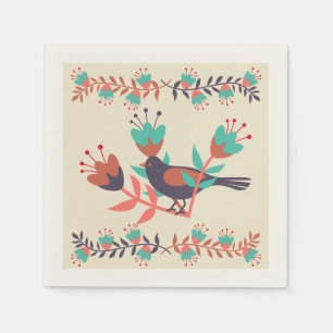 Bird and Floral Folk Art Napkin