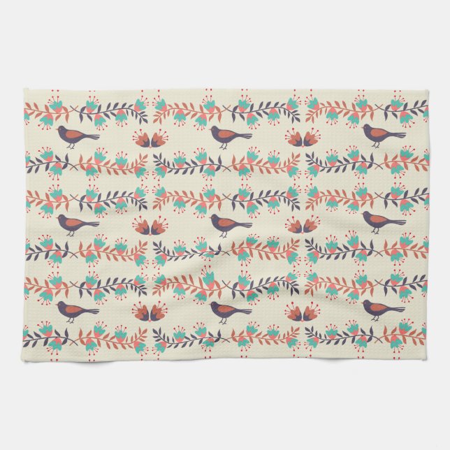 Bird and Floral Folk Art Pattern Tea Towel (Horizontal)