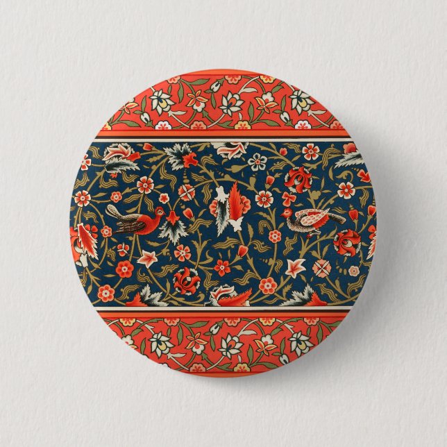 Bird and Flower Persian Blue Red Pattern 6 Cm Round Badge (Front)
