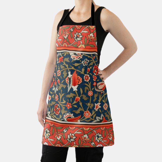 Bird and Flower Persian Blue Red Pattern Apron (Insitu)