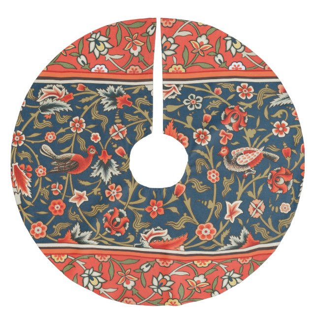Bird and Flower Persian Blue Red Pattern Brushed Polyester Tree Skirt (Front)