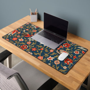 Bird and Flower Persian Blue Red Pattern Desk Mat