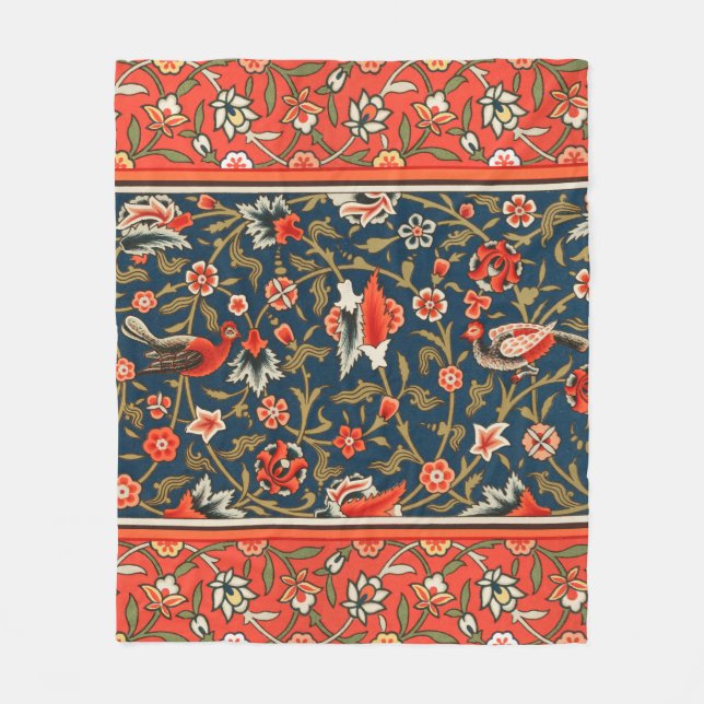 Bird and Flower Persian Blue Red Pattern Fleece Blanket (Front)