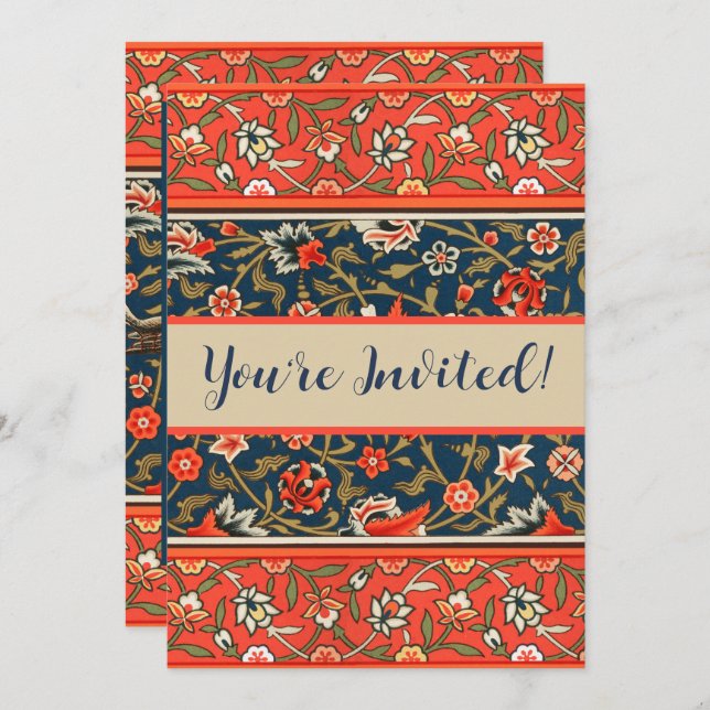 Bird and Flower Persian Blue Red Pattern Invitation (Front/Back)