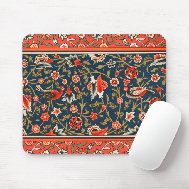 Bird and Flower Persian Blue Red Pattern Mouse Mat (With Mouse)