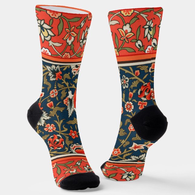 Bird and Flower Persian Blue Red Pattern Socks (Angled)