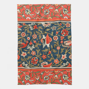 Bird and Flower Persian Blue Red Pattern Tea Towel