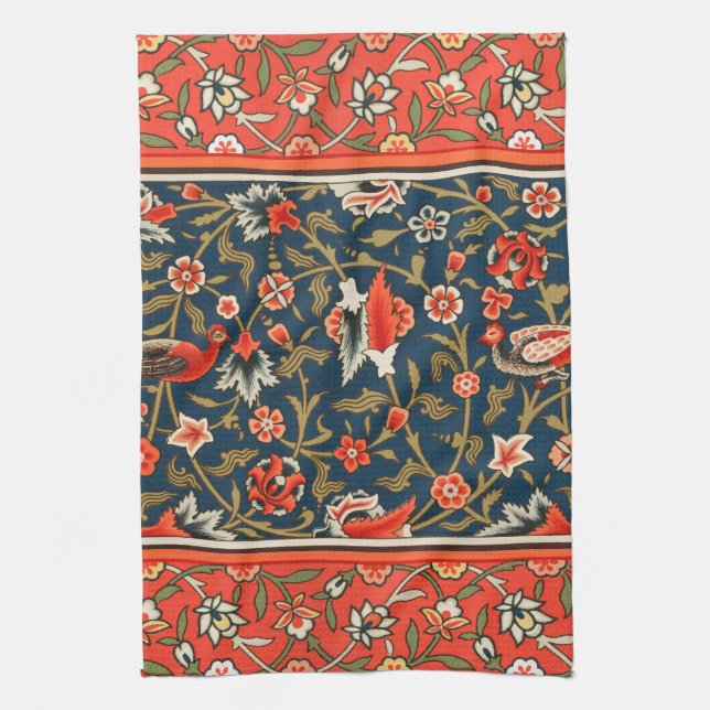 Bird and Flower Persian Blue Red Pattern Tea Towel (Vertical)