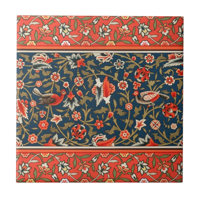 Bird and Flower Persian Blue Red Pattern Tile (Front)