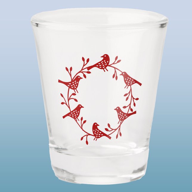 Bird and Flower Scandinavian Wreath Shot Glass (Red Scandinavian bird wreath shot glass)