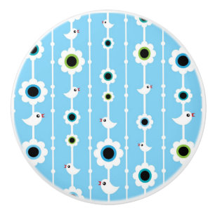 bird and flowers blue pattern ceramic knob