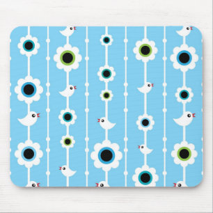 bird and flowers blue pattern mouse mat