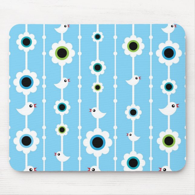 bird and flowers blue pattern mouse mat (Front)