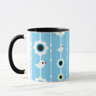 bird and flowers blue pattern mug