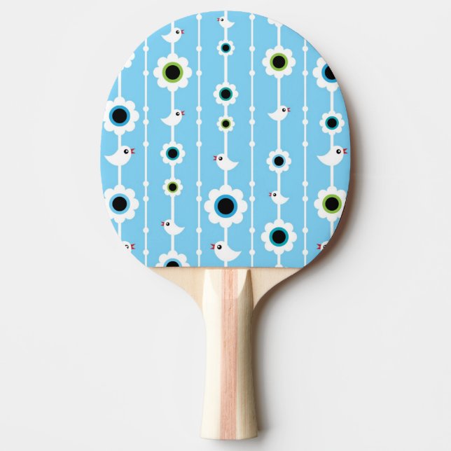 bird and flowers blue pattern ping pong paddle (Front)