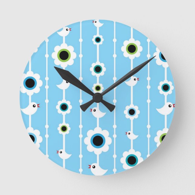 bird and flowers blue pattern round clock (Front)