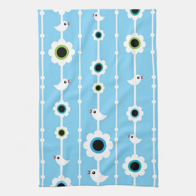 bird and flowers blue pattern tea towel (Vertical)