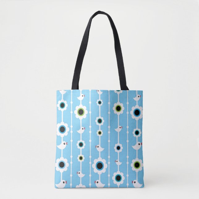 bird and flowers blue pattern tote bag (Front)