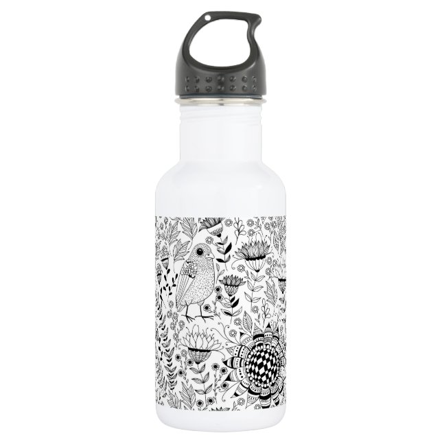Bird and flowers doodle pattern 532 ml water bottle (Front)